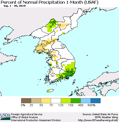 Korea Percent of Normal Precipitation 1-Month (USAF) Thematic Map For 9/1/2018 - 9/30/2018