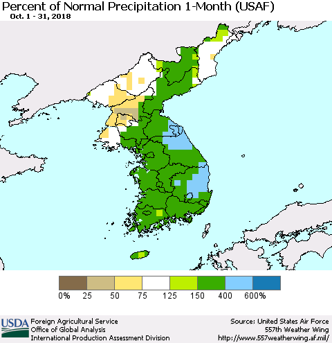 Korea Percent of Normal Precipitation 1-Month (USAF) Thematic Map For 10/1/2018 - 10/31/2018