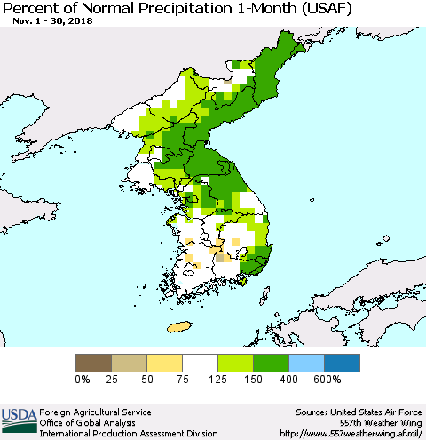 Korea Percent of Normal Precipitation 1-Month (USAF) Thematic Map For 11/1/2018 - 11/30/2018