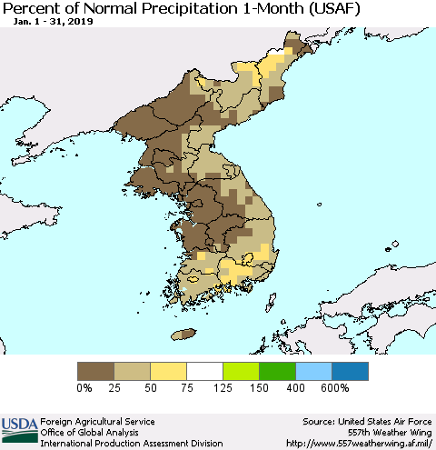 Korea Percent of Normal Precipitation 1-Month (USAF) Thematic Map For 1/1/2019 - 1/31/2019