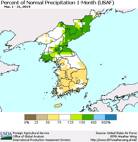 Korea Percent of Normal Precipitation 1-Month (USAF) Thematic Map For 3/1/2019 - 3/31/2019