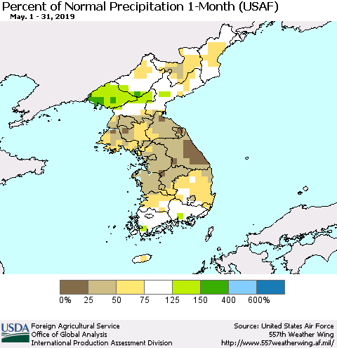 Korea Percent of Normal Precipitation 1-Month (USAF) Thematic Map For 5/1/2019 - 5/31/2019