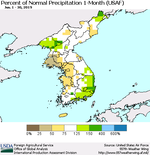 Korea Percent of Normal Precipitation 1-Month (USAF) Thematic Map For 6/1/2019 - 6/30/2019