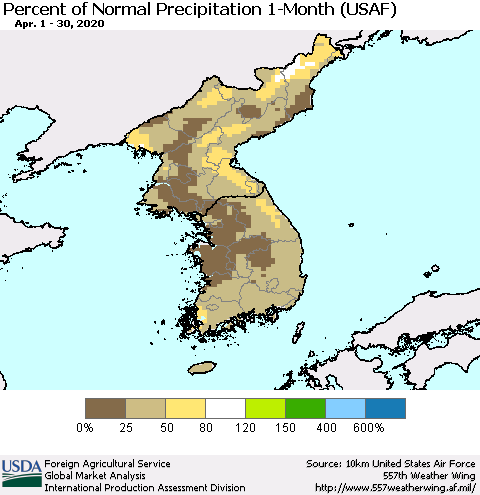 Korea Percent of Normal Precipitation 1-Month (USAF) Thematic Map For 4/1/2020 - 4/30/2020