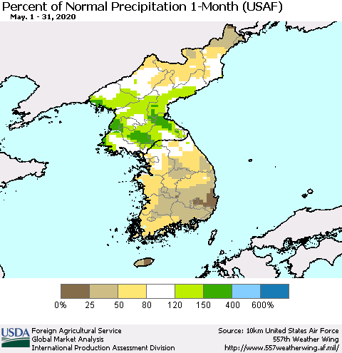 Korea Percent of Normal Precipitation 1-Month (USAF) Thematic Map For 5/1/2020 - 5/31/2020