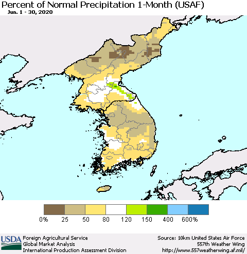 Korea Percent of Normal Precipitation 1-Month (USAF) Thematic Map For 6/1/2020 - 6/30/2020