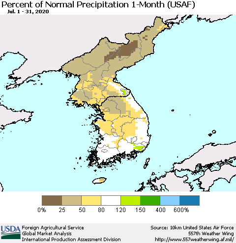 Korea Percent of Normal Precipitation 1-Month (USAF) Thematic Map For 7/1/2020 - 7/31/2020