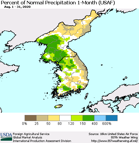 Korea Percent of Normal Precipitation 1-Month (USAF) Thematic Map For 8/1/2020 - 8/31/2020