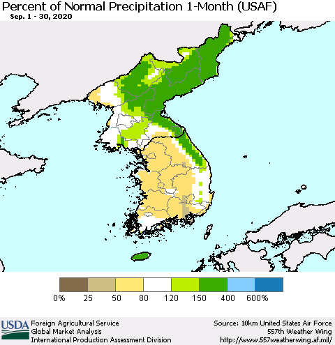 Korea Percent of Normal Precipitation 1-Month (USAF) Thematic Map For 9/1/2020 - 9/30/2020