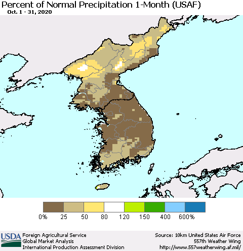 Korea Percent of Normal Precipitation 1-Month (USAF) Thematic Map For 10/1/2020 - 10/31/2020