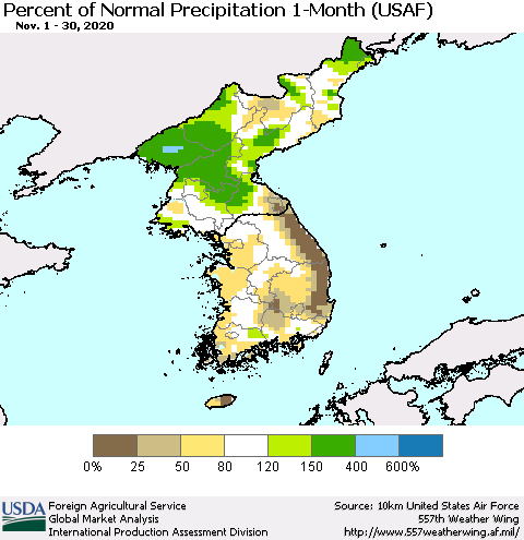 Korea Percent of Normal Precipitation 1-Month (USAF) Thematic Map For 11/1/2020 - 11/30/2020