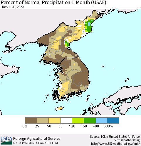 Korea Percent of Normal Precipitation 1-Month (USAF) Thematic Map For 12/1/2020 - 12/31/2020