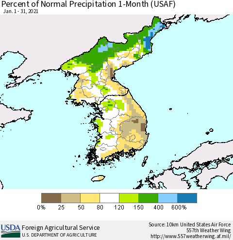 Korea Percent of Normal Precipitation 1-Month (USAF) Thematic Map For 1/1/2021 - 1/31/2021