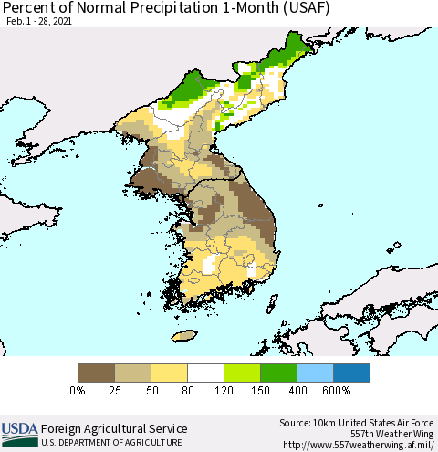 Korea Percent of Normal Precipitation 1-Month (USAF) Thematic Map For 2/1/2021 - 2/28/2021