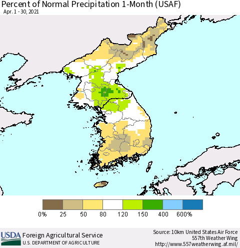 Korea Percent of Normal Precipitation 1-Month (USAF) Thematic Map For 4/1/2021 - 4/30/2021