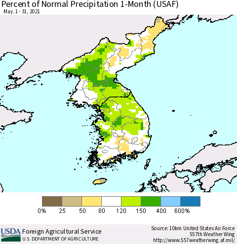 Korea Percent of Normal Precipitation 1-Month (USAF) Thematic Map For 5/1/2021 - 5/31/2021