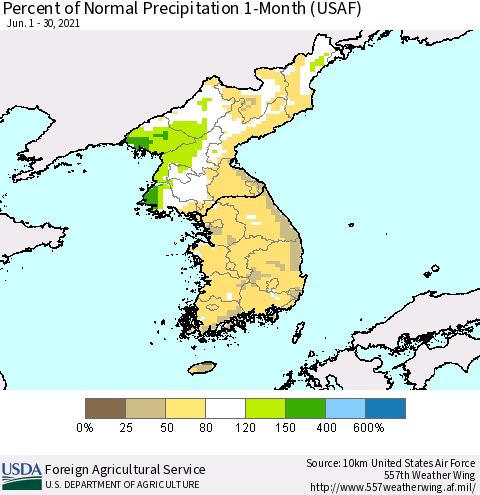 Korea Percent of Normal Precipitation 1-Month (USAF) Thematic Map For 6/1/2021 - 6/30/2021