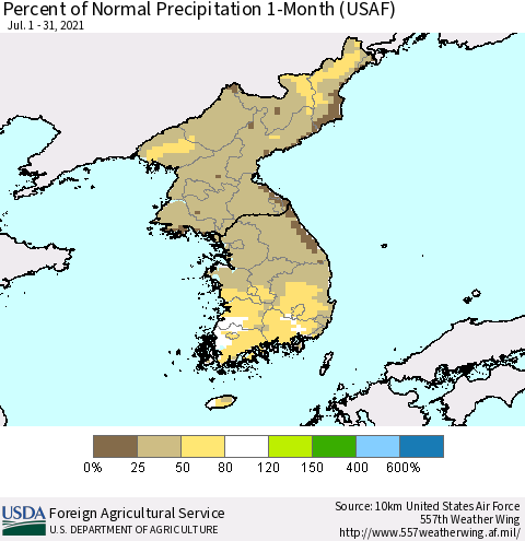 Korea Percent of Normal Precipitation 1-Month (USAF) Thematic Map For 7/1/2021 - 7/31/2021
