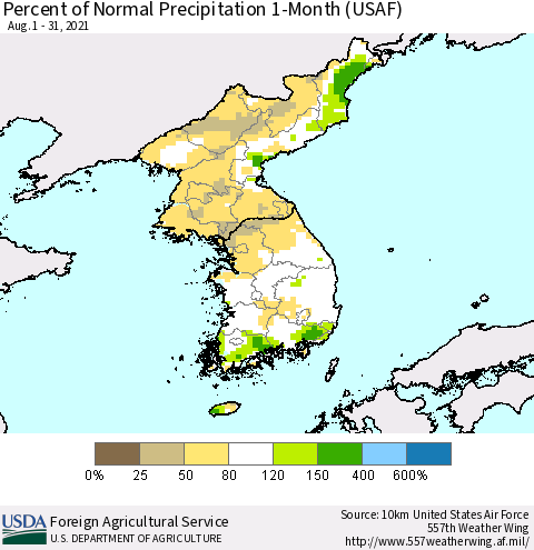 Korea Percent of Normal Precipitation 1-Month (USAF) Thematic Map For 8/1/2021 - 8/31/2021