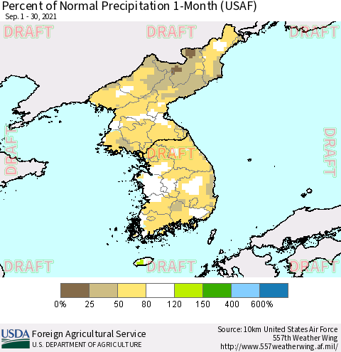 Korea Percent of Normal Precipitation 1-Month (USAF) Thematic Map For 9/1/2021 - 9/30/2021