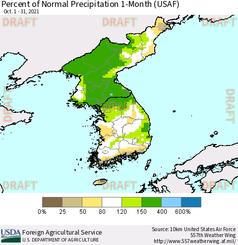 Korea Percent of Normal Precipitation 1-Month (USAF) Thematic Map For 10/1/2021 - 10/31/2021