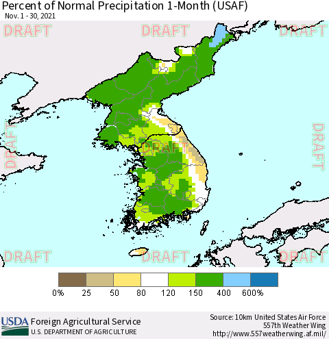 Korea Percent of Normal Precipitation 1-Month (USAF) Thematic Map For 11/1/2021 - 11/30/2021