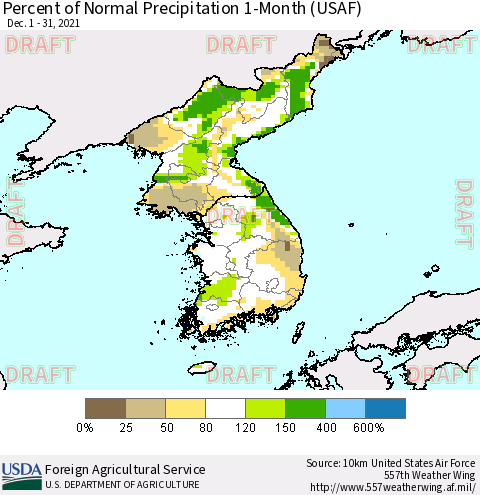 Korea Percent of Normal Precipitation 1-Month (USAF) Thematic Map For 12/1/2021 - 12/31/2021