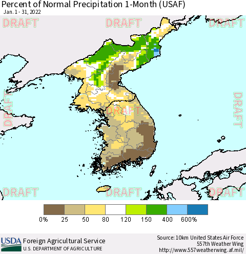 Korea Percent of Normal Precipitation 1-Month (USAF) Thematic Map For 1/1/2022 - 1/31/2022