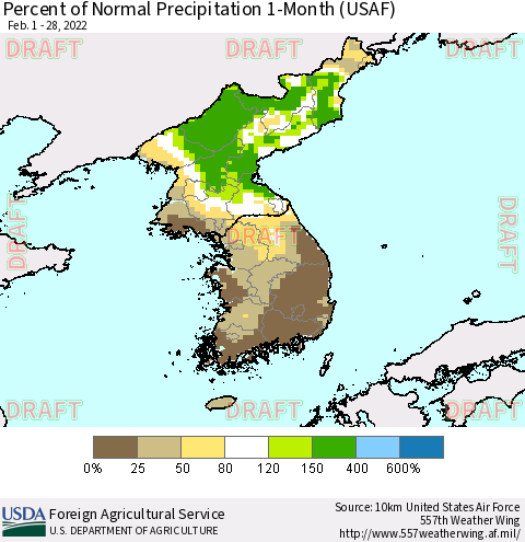 Korea Percent of Normal Precipitation 1-Month (USAF) Thematic Map For 2/1/2022 - 2/28/2022