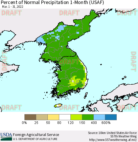 Korea Percent of Normal Precipitation 1-Month (USAF) Thematic Map For 3/1/2022 - 3/31/2022