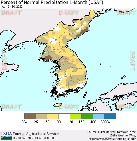 Korea Percent of Normal Precipitation 1-Month (USAF) Thematic Map For 4/1/2022 - 4/30/2022