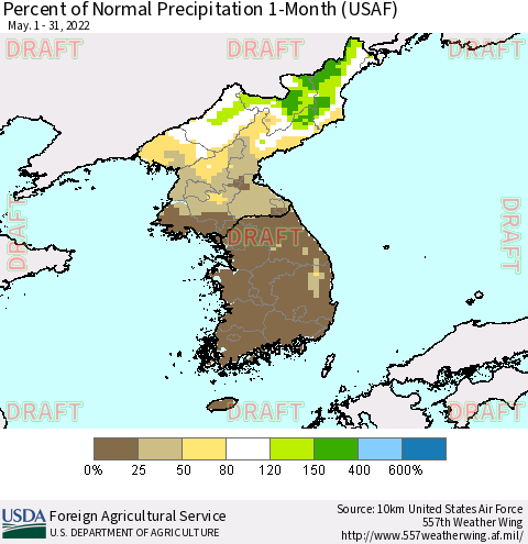Korea Percent of Normal Precipitation 1-Month (USAF) Thematic Map For 5/1/2022 - 5/31/2022