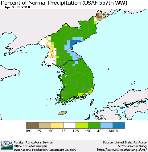 Korea Percent of Normal Precipitation (USAF 557th WW) Thematic Map For 4/2/2018 - 4/8/2018