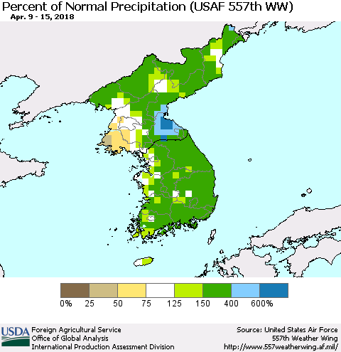 Korea Percent of Normal Precipitation (USAF 557th WW) Thematic Map For 4/9/2018 - 4/15/2018