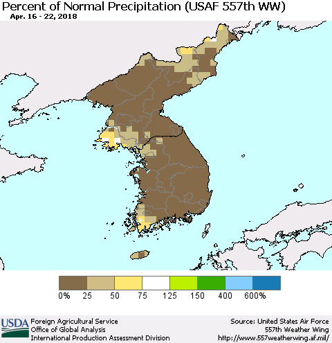Korea Percent of Normal Precipitation (USAF 557th WW) Thematic Map For 4/16/2018 - 4/22/2018