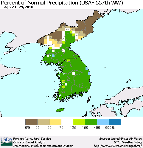 Korea Percent of Normal Precipitation (USAF 557th WW) Thematic Map For 4/23/2018 - 4/29/2018