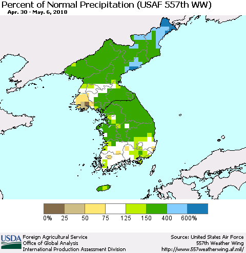 Korea Percent of Normal Precipitation (USAF 557th WW) Thematic Map For 4/30/2018 - 5/6/2018