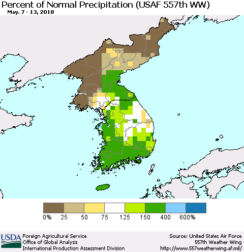 Korea Percent of Normal Precipitation (USAF 557th WW) Thematic Map For 5/7/2018 - 5/13/2018