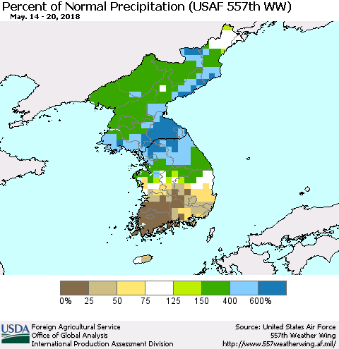 Korea Percent of Normal Precipitation (USAF 557th WW) Thematic Map For 5/14/2018 - 5/20/2018