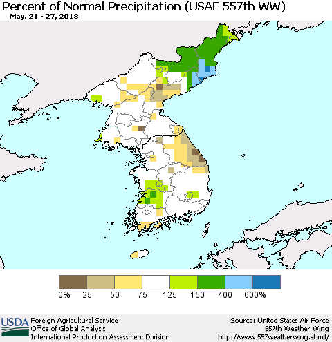Korea Percent of Normal Precipitation (USAF 557th WW) Thematic Map For 5/21/2018 - 5/27/2018