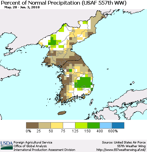 Korea Percent of Normal Precipitation (USAF 557th WW) Thematic Map For 5/28/2018 - 6/3/2018