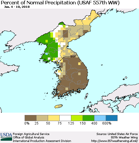 Korea Percent of Normal Precipitation (USAF 557th WW) Thematic Map For 6/4/2018 - 6/10/2018
