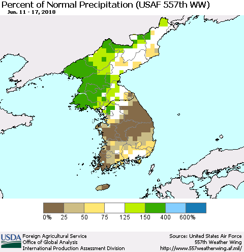 Korea Percent of Normal Precipitation (USAF 557th WW) Thematic Map For 6/11/2018 - 6/17/2018
