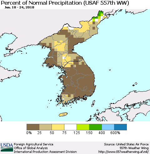 Korea Percent of Normal Precipitation (USAF 557th WW) Thematic Map For 6/18/2018 - 6/24/2018