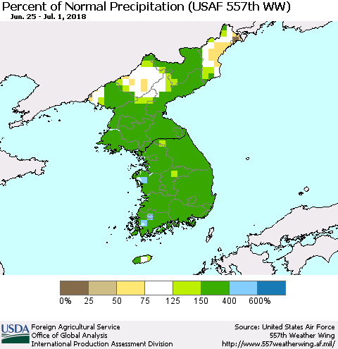 Korea Percent of Normal Precipitation (USAF 557th WW) Thematic Map For 6/25/2018 - 7/1/2018