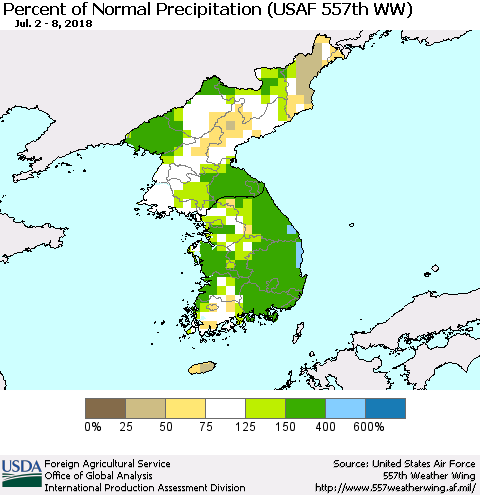 Korea Percent of Normal Precipitation (USAF 557th WW) Thematic Map For 7/2/2018 - 7/8/2018