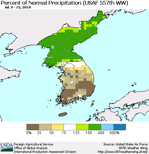 Korea Percent of Normal Precipitation (USAF 557th WW) Thematic Map For 7/9/2018 - 7/15/2018
