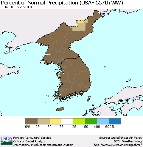 Korea Percent of Normal Precipitation (USAF 557th WW) Thematic Map For 7/16/2018 - 7/22/2018