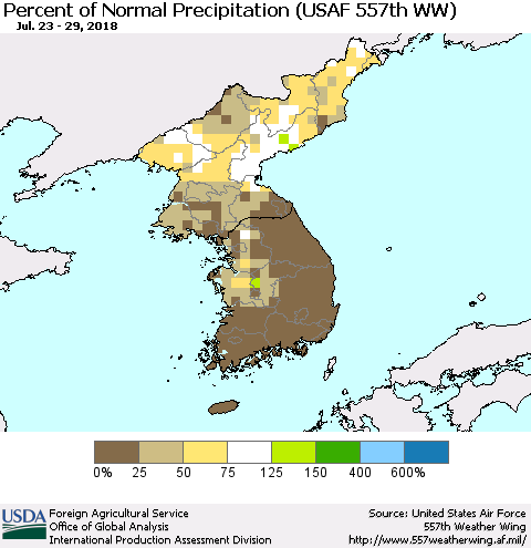 Korea Percent of Normal Precipitation (USAF 557th WW) Thematic Map For 7/23/2018 - 7/29/2018