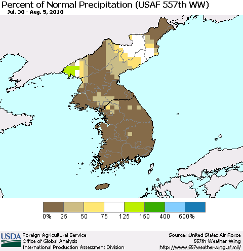 Korea Percent of Normal Precipitation (USAF 557th WW) Thematic Map For 7/30/2018 - 8/5/2018